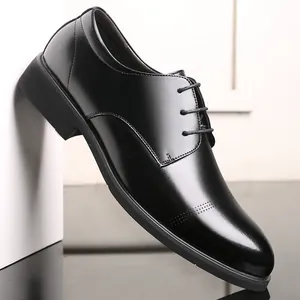 Classic black men's business casual lace-up leather dress shoes with polished finish