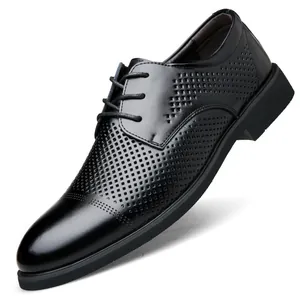 Classic black men's breathable leather dress shoes with hollowed-out design and lace-up