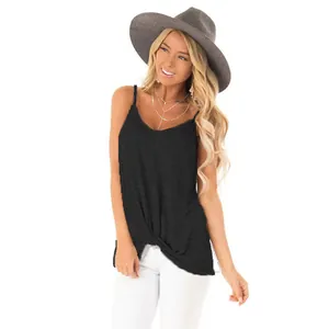 Close-up detail of a stylish black sleeveless tank top with a chic front twist knot design