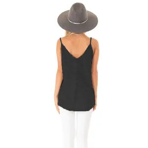 Detailed back view of a sexy black sleeveless V-neck tank top for women in summer wear