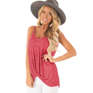 Detail view of a red sleeveless camisole featuring a chic front knot design and V-neck