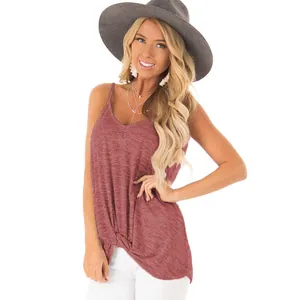 Detail of the twisted knot hem on a dusty rose sleeveless summer camisole top.