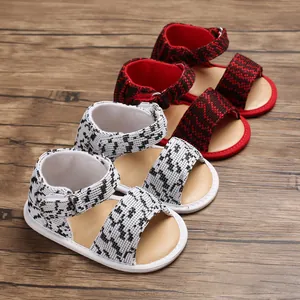 Breathable soft sole baby walking sandals featuring red and white knit patterns for infants