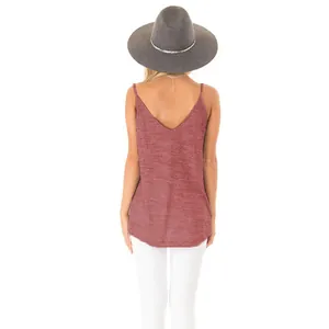 Back view of a rose-colored sleeveless camisole with a deep V-neck and thin straps