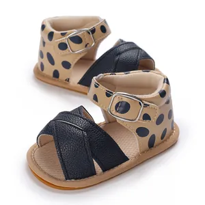 Detail of baby girl sandals featuring stylish polka dot pattern and soft rubber sole