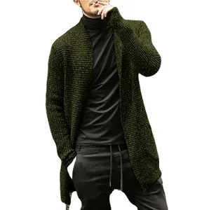 Stylish men's dark green long-sleeve chunky knit cardigan sweater with open front