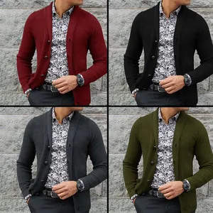 Men's single-breasted knit cardigan sweaters in red, black, gray, and green colors