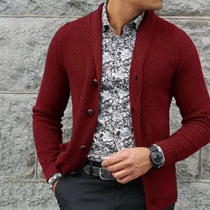 Men's stylish burgundy knitted cardigan with shawl collar and single-breasted buttons.