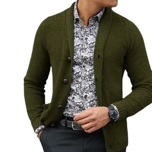 Men's olive green single-breasted shawl collar knitted cardigan sweater