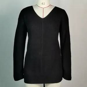 Classic black V-neck long-sleeve knit sweater dress displayed on a white mannequin