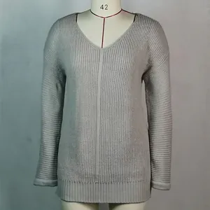 Detail of grey V-neck knitted sweater dress showing vertical ribbed texture and loose fit