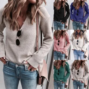 Pull Femme Élégant Col en V Tricot Nervuré Automne Hiver Manches Longues Acrylique Haut Pour Décontracté Mode Femme