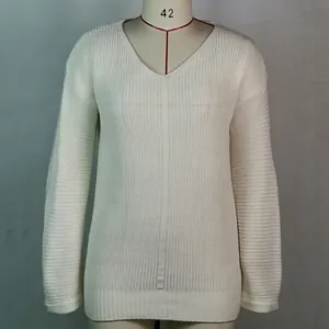 Front view of a white V-neck knitted sweater dress displayed on a studio mannequin