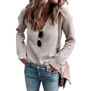 Élégant pull en maille côtelée à col en V pour femme en beige pour l'automne