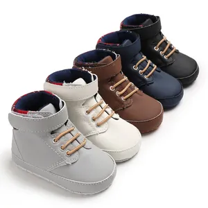 Detailed view of high-top baby walking shoes in five different colors with soft soles