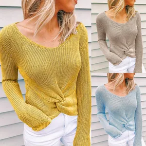 Suéter de Mujer con Cuello en V Nudo Torcido Jersey Suelto de Manga Larga Dobladillo Irregular Top de Punto Acrílico Casual