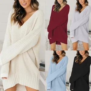 Women's V-Neck Knitted Sweater Dress Oversized Long Sleeve Pullover Knitwear Loose Casual Acrylic Solid Color Winter Top
