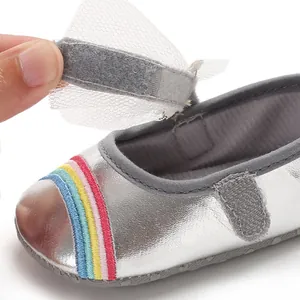 Detail of Velcro strap closure on silver baby walking shoe with rainbow design