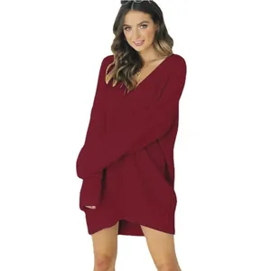 Cozy wine red oversized V-neck knitted sweater dress for women, casual autumn outfit