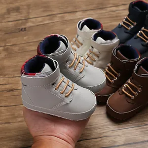 Detailed view of high-top soft-sole baby walking shoes available in multiple colors