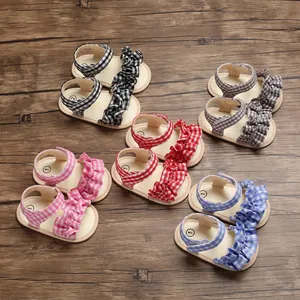 Sandali Primi Passi Neonata a Quadri con Volant Suola Morbida Principessa Gingham Cotone Scarpe Estive Dolci