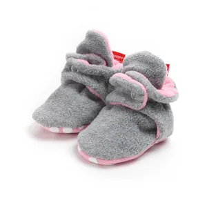 Warm gray and pink fleece-lined baby pre-walker boots with soft anti-slip soles for winter