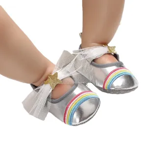 Silver baby girl walking shoes with rainbow embroidery and mesh bow for 0-1 year olds