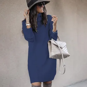 Elegante blauwe gebreide coltrui jurk voor dames, herfst winter street style mode