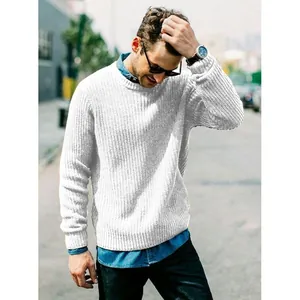 Macro detail of white men's slim fit knitted sweater showing ribbed texture and crew neck.