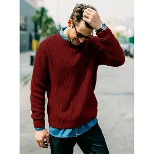 Macro view of the burgundy ribbed knit texture on this stylish men's slim fit sweater