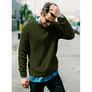 Men's olive green ribbed knit pullover sweater featuring a slim-fit autumn style