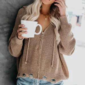 Oversized brauner Strick-Zip-Hoodie mit coolem Saum im Used-Look und dekorativem Ring-Zipper