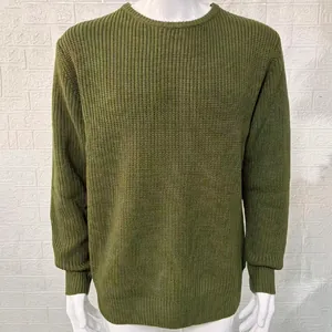 Close-up of olive green ribbed knit texture on a men's slim fit pullover sweater.