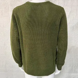 Detailed back view of army green ribbed knit sweater for men with classic crew neck