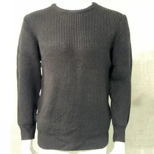 Front view of a black slim-fit rib-knit men's pullover sweater on white mannequin