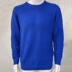 Close-up of a vibrant royal blue knitted pullover sweater for men on a white mannequin