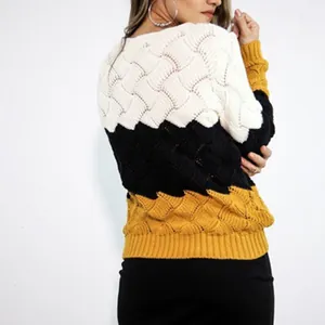 Rear view detail of a color-block textured knit sweater in white, black and yellow