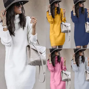 Elegante Dames Lange Coltrui Trui Jurk Herfst Winter Losse Acryl Gebreide Pullover Effen Kleur Lange Mouw Trui Top