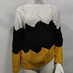 Womens casual tricolor color block crew neck long sleeve wave pattern knitted sweater top