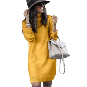 Elegante gele gebreide trui-jurk met kol voor herfst- en wintermode dames kleding