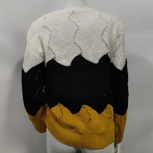 Back view of a chic three-color zigzag knitted sweater with elegant pointelle detailing