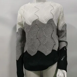 Detail view of a tricolor knit sweater with wave patterns and color blocking.