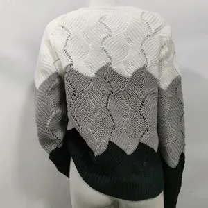 Detailed back view of women's color-block wavy knit sweater in white, grey, and black tones.