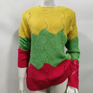Detailed view showing the wave pattern color-block knit texture on rainbow sweater