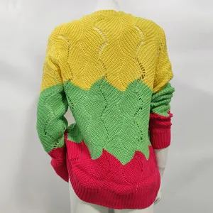 Detailed back view of a vibrant colorful chunky knit sweater featuring wave textures
