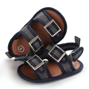 Sandali primi passi blu navy per neonato con doppie fibbie e suola morbida in silicone
