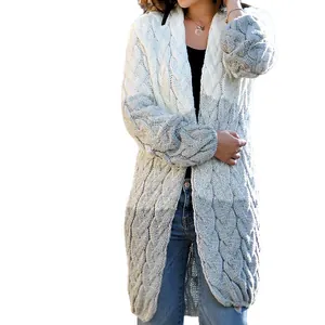 Chic loose cable-knit gradient cardigan sweater for women in white and gray finish