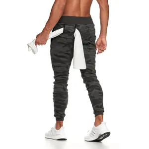 Detailed back view of men's slim fit camouflage cotton joggers with functional towel loop