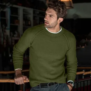 Men's solid olive green crewneck knit sweater with comfortable slim fit