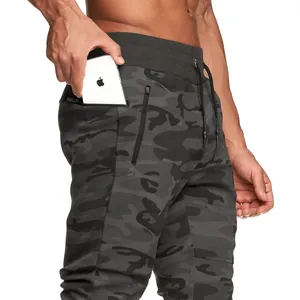 Detail view of camouflage fitness joggers with zipper pocket and phone storage